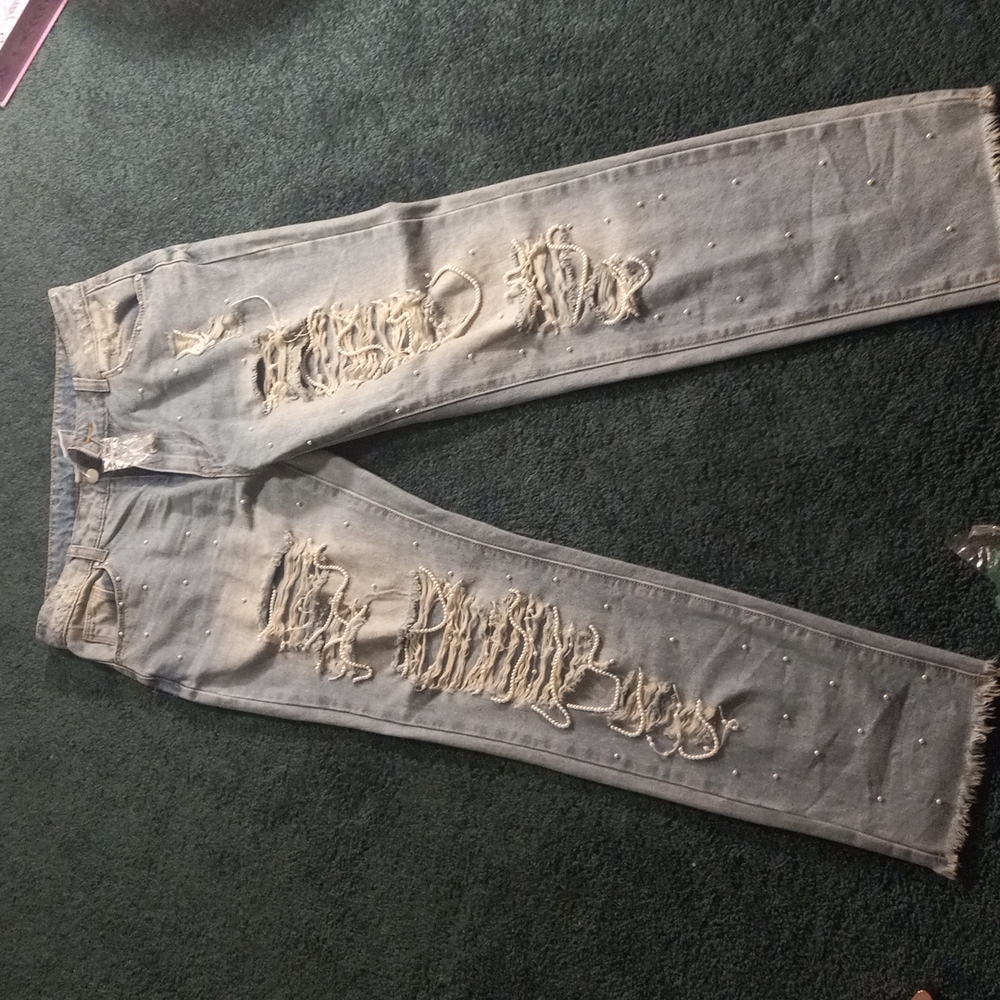 K. JORDAN SIZE 8 JEANS WITH STRINGS OF WHITE PEARLS - Picture 1 of 5